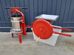 Mosterisæt - 20 liters stempelpresse i rustfrit stål inkl. pressesæk og 20 liters frugtmølle